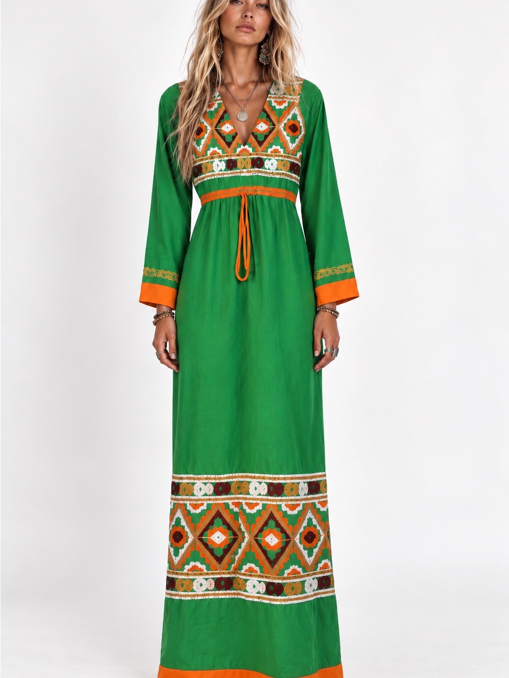 Vintage 70s Style Green Embroidered Boho Maxi Dress Small